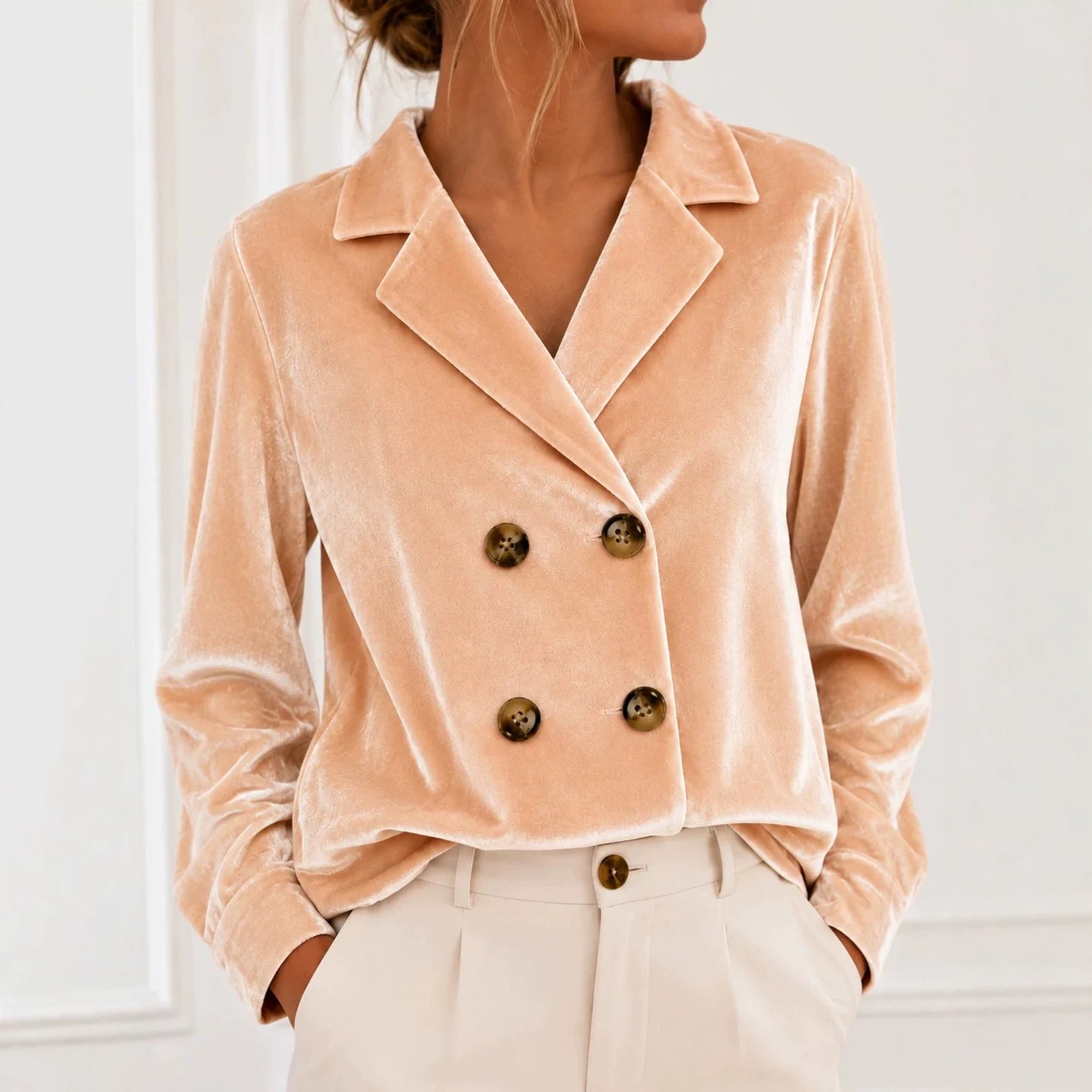 Women's Short-Cut Double-Breasted Velvet Blazer with Soft Buttons Chichicherry
