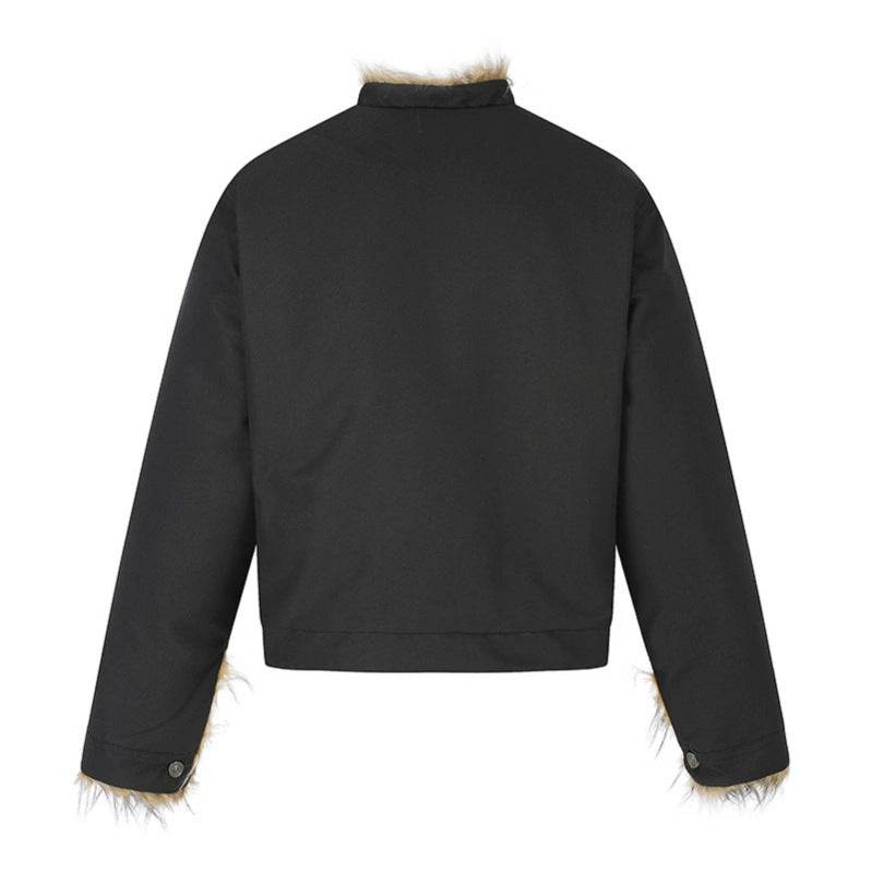 Women's Short Jacket with Faux Fur Lining, Stand-Up Collar and Concealed Button Placket Chichicherry
