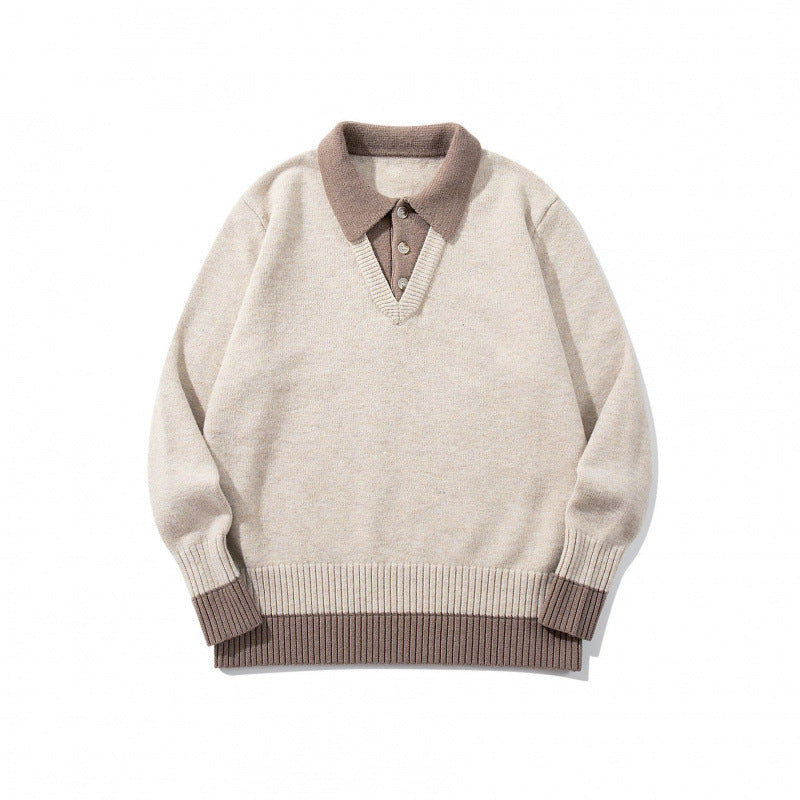 Men's Oversized Fine Knit Polo with Contrast Trim Shirt Collar and Ribbed Cuffs Chichicherry