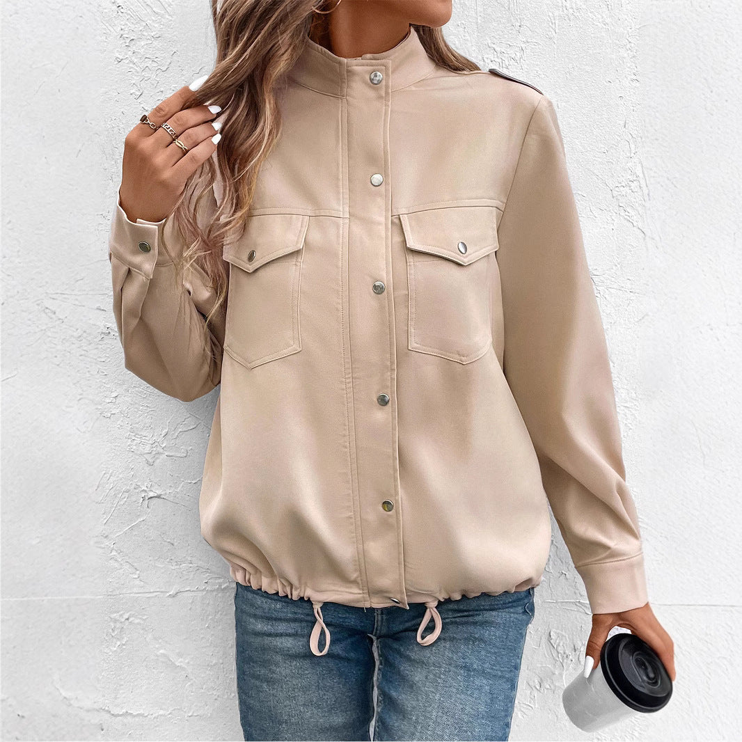 Women's Oversized Shirt Jacket with Snap Front, Chest Flaps, and Drawstring Hem Chichicherry