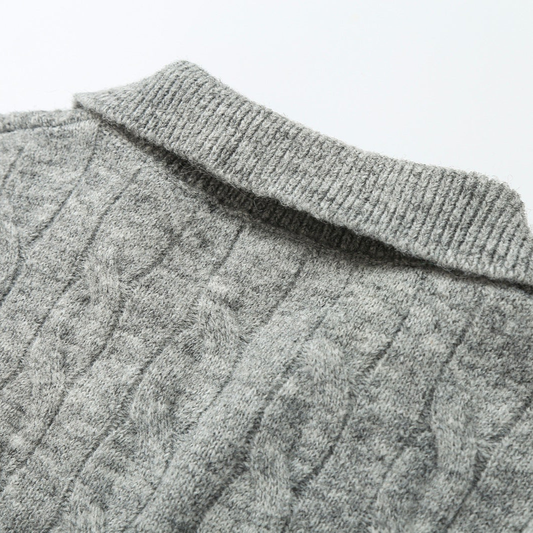 Women’s Coarse Knit Cable Pattern Sweater with Open Polo Collar and V-Neck Chichicherry