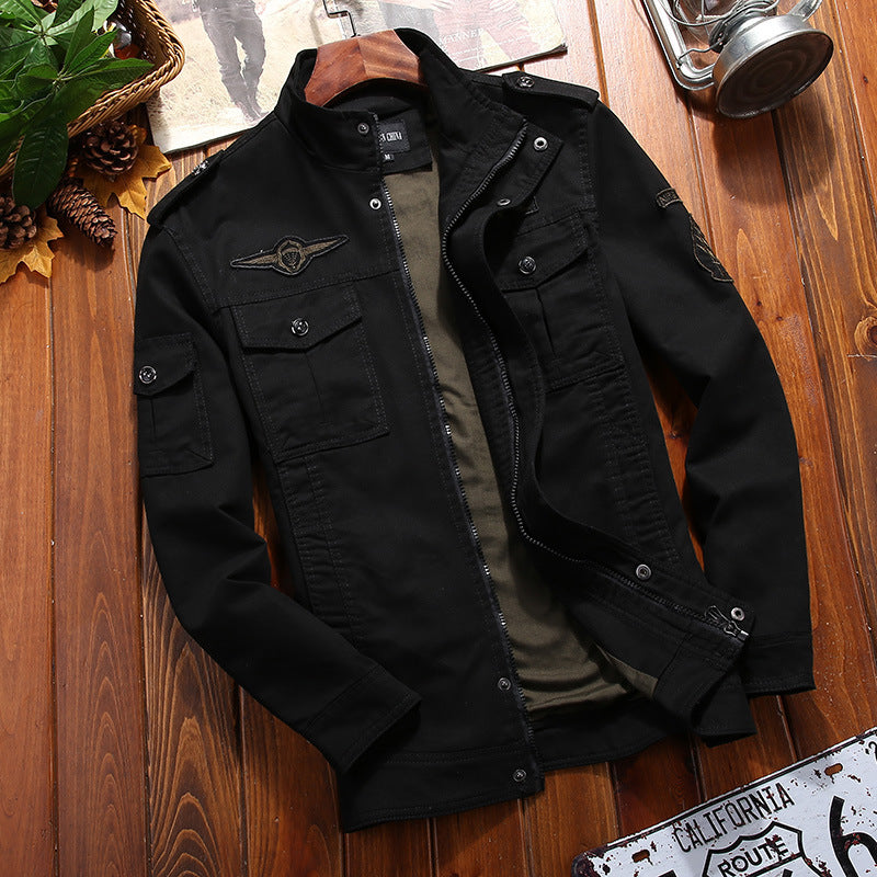 Men's lightweight canvas military jacket with stand-up collar, epaulets, and multiple flap pockets Chichicherry