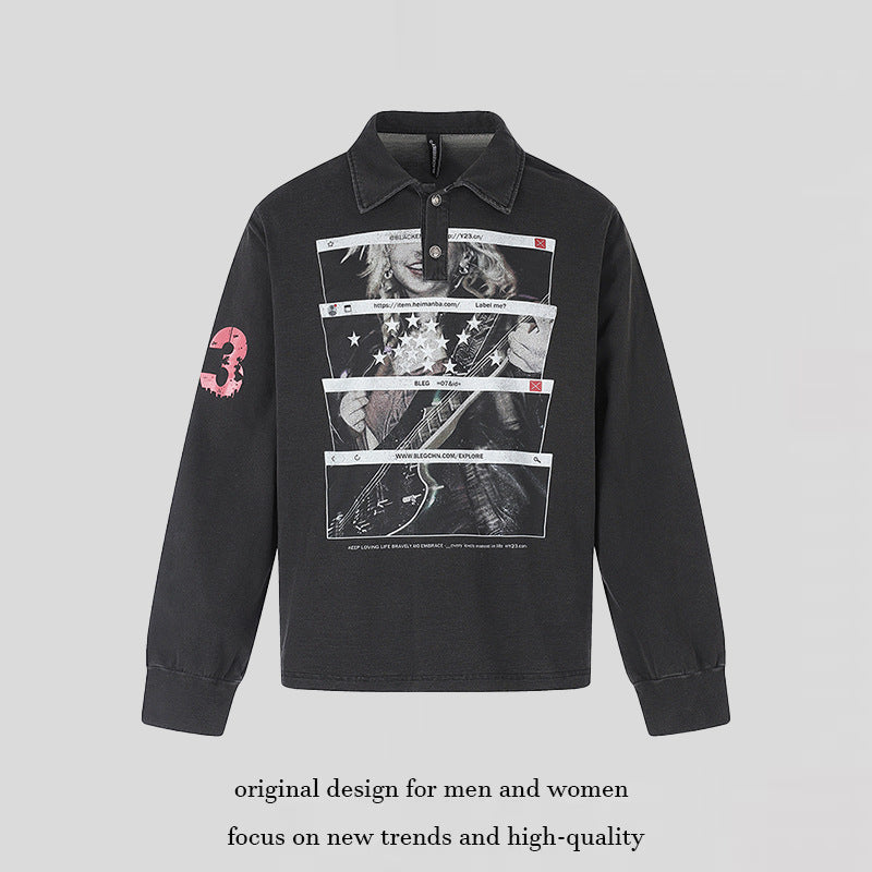 Men's Long Sleeve Polo Shirt with Vintage-Inspired Front Print, Shirt Collar and Button Placket Chichicherry
