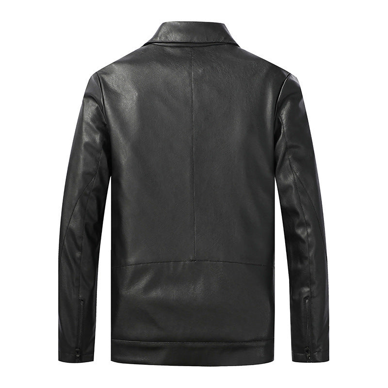 Men's Slim-Fit Leather Look Trucker Jacket with Shirt Collar, Concealed Zipper and Flap Pockets Chichicherry