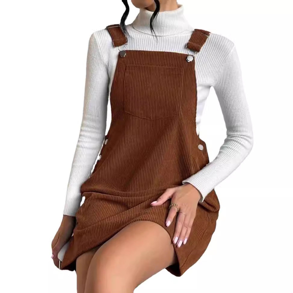 Damen Cord-Latzkleid mit verstellbaren Trägern, Seitlicher Druckknopfleiste und feinem Ripp-Effekt Chichicherry