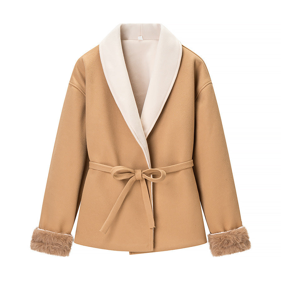 Women's short blazer coat with kimono shawl collar, waist belt, and faux fur cuffs Chichicherry