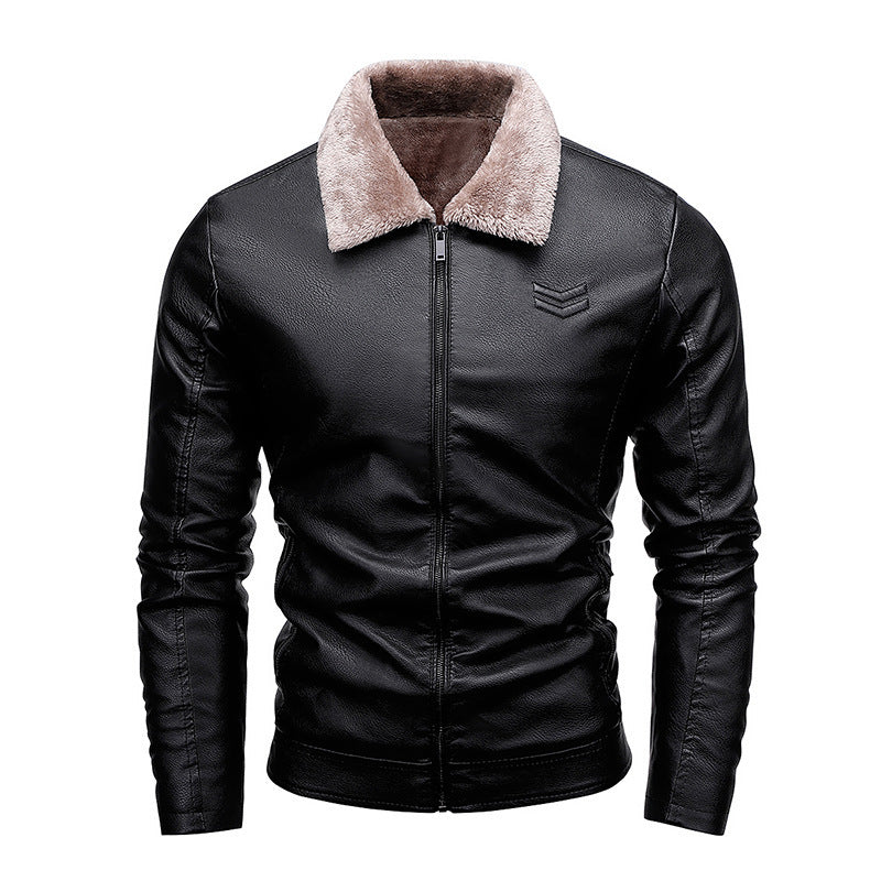 Men's Faux Leather Bomber Jacket with Warming Sherpa Lining and Revere Collar Chichicherry