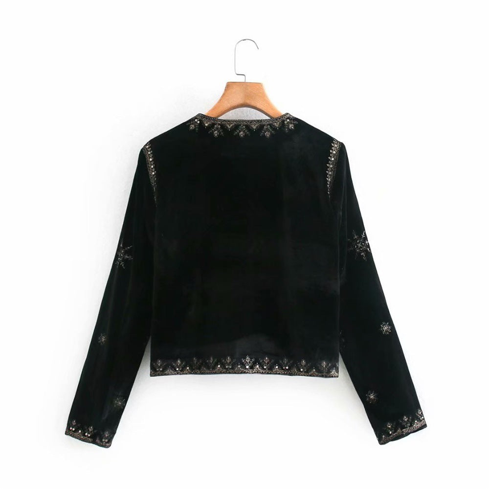Women's Velvet Short Jacket with Ornamental Bead and Decorative Embroidery Chichicherry