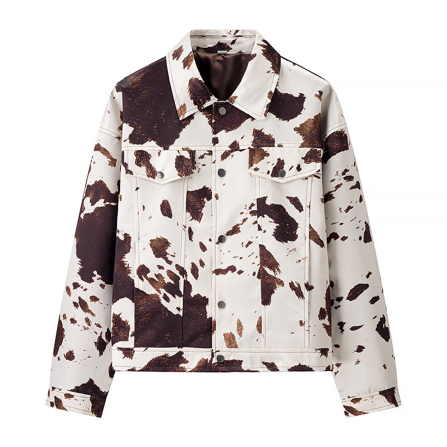 Women's Cropped Shirt Jacket with Cow Spot Pattern and Patch Chest Pockets Chichicherry