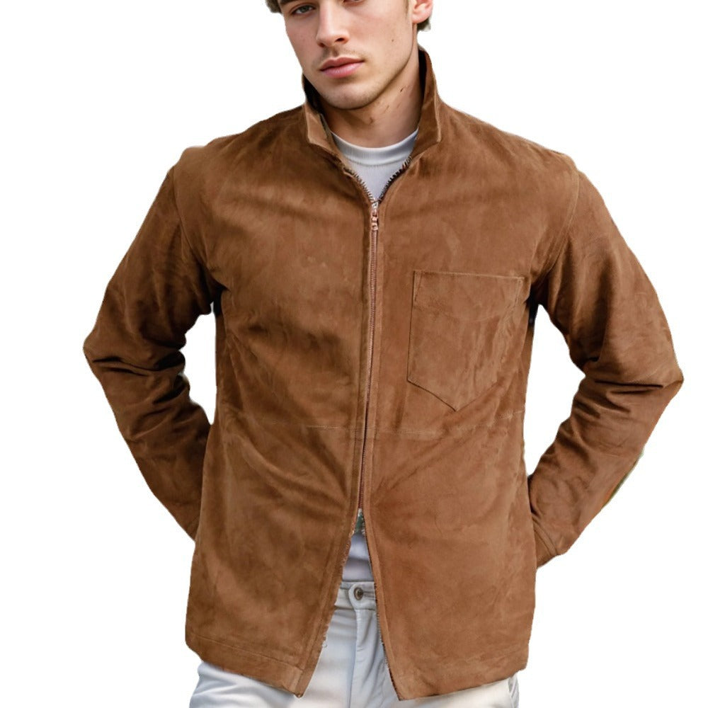 Men's suede leather jacket with stand-up collar and chest pocket Chichicherry