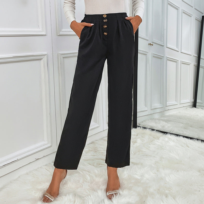 Women's High-Waisted Pleated Trousers with Decorative Button Placket and Straight Leg Chichicherry