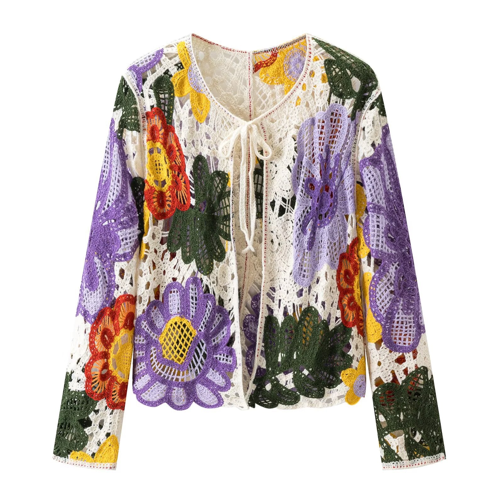 Women's Crochet Cardigan with Floral Appliqués and Tie Band Chichicherry