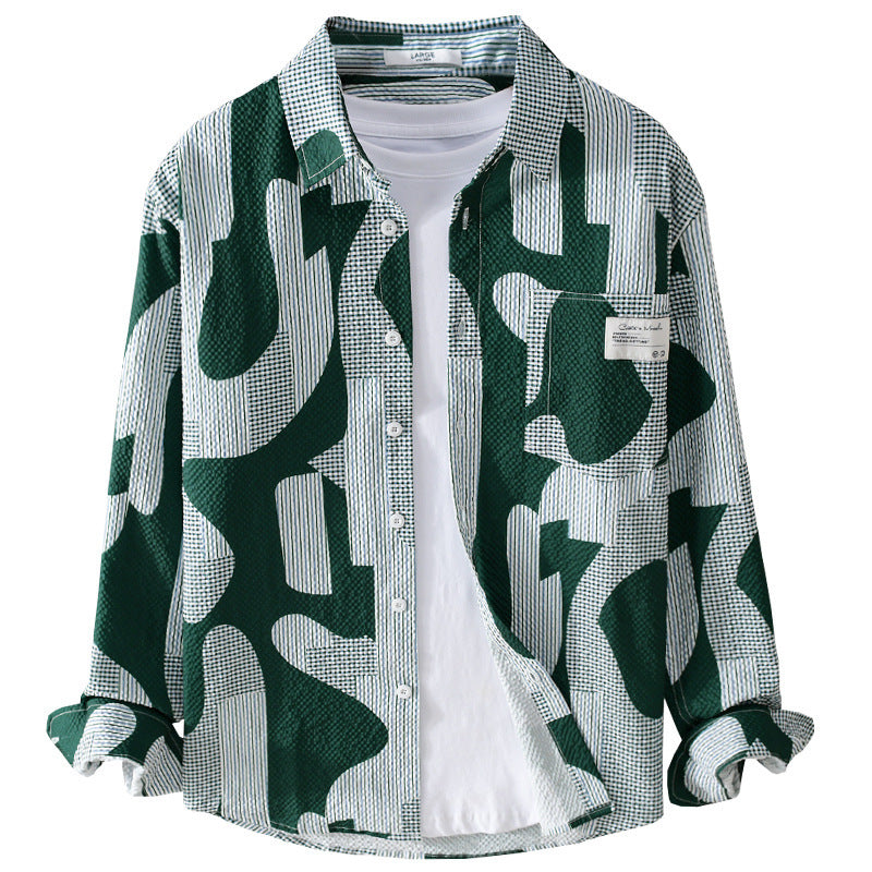 Men's Loose Patterned Cotton Overshirt with Crinkle Structure Chichicherry