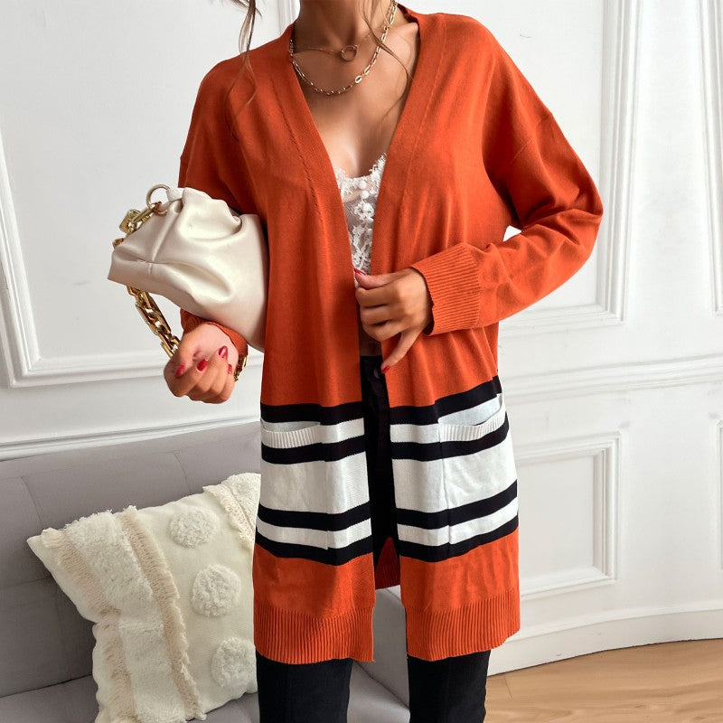 Women's mid-length open fine-knit cardigan with color block stripes and patch pockets Chichicherry