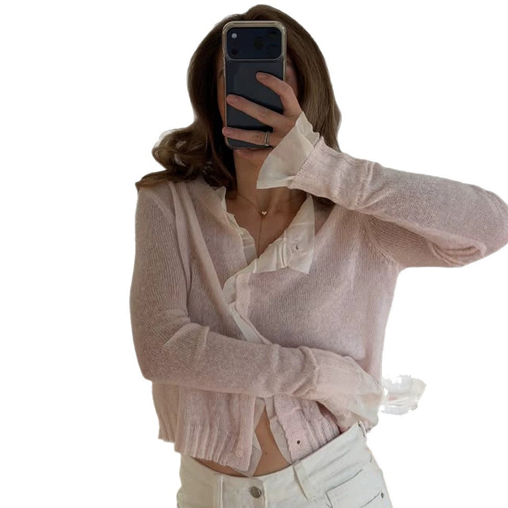 Women's Lightweight Short Mohair-Style Cardigan with V-Neck and Button Placket Chichicherry