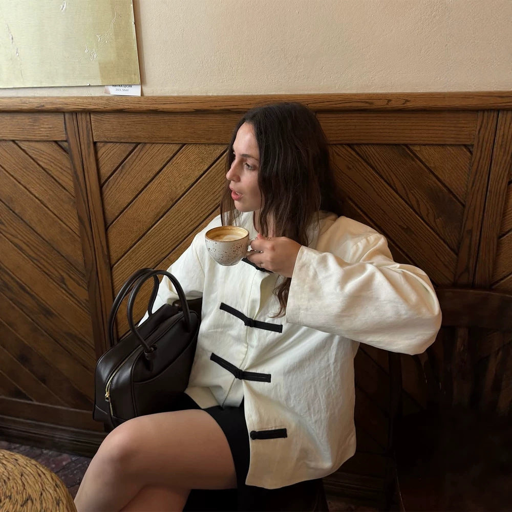 Women's Oversize Boxy Jacket with Toggle Closures and Mandarin Collar Chichicherry