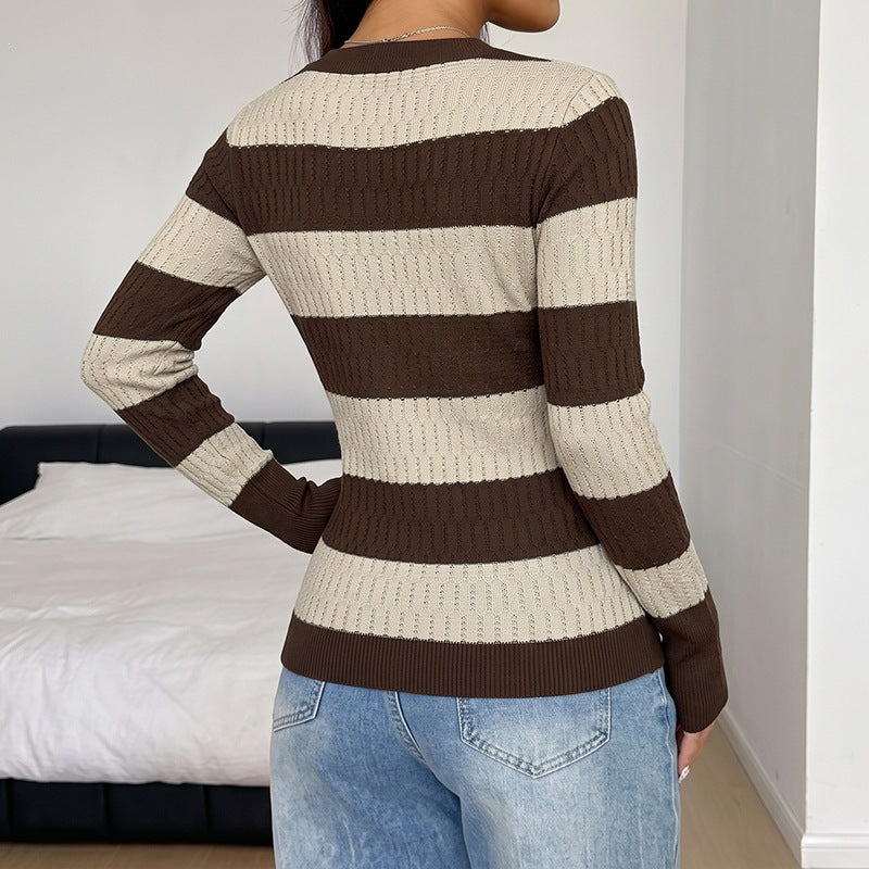 Women's Striped Fine Knit Sweater with V-Neck and Tailored Silhouette Chichicherry