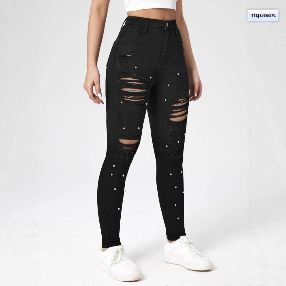 Women High-Waisted Ripped Skinny Jeans with Pearl Decoration and Sculpting Effect Chichicherry