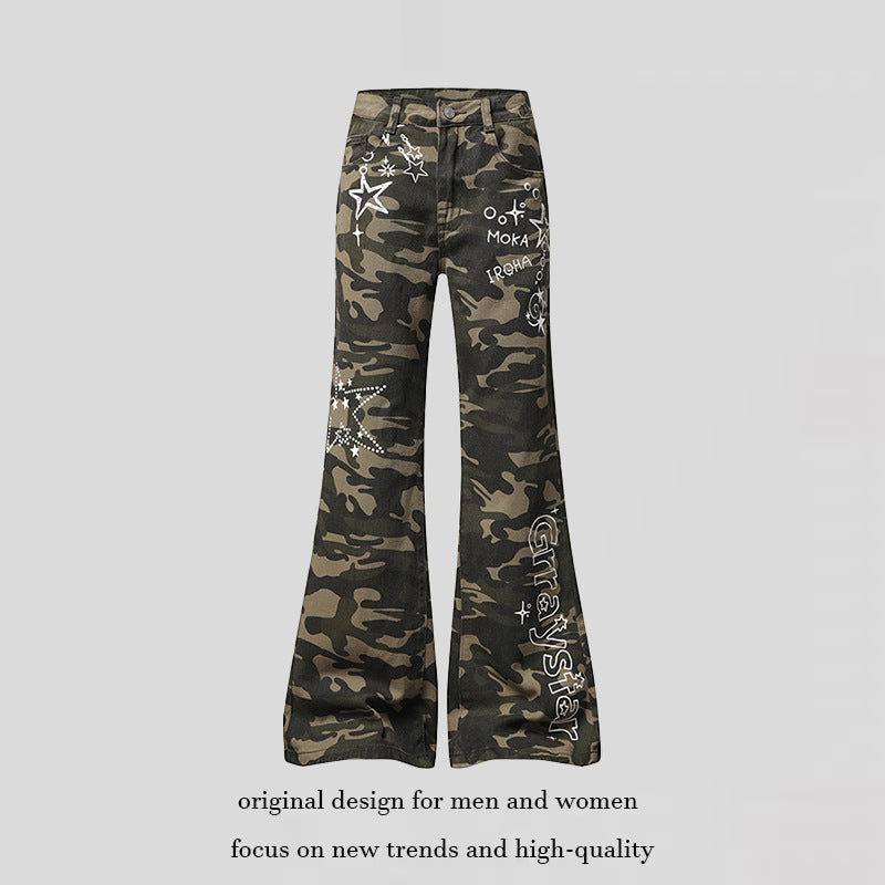 Women's Wide High-Waist Palazzo Jeans in Camouflage Print with Star and Text Applications, Flared Pants Chichicherry