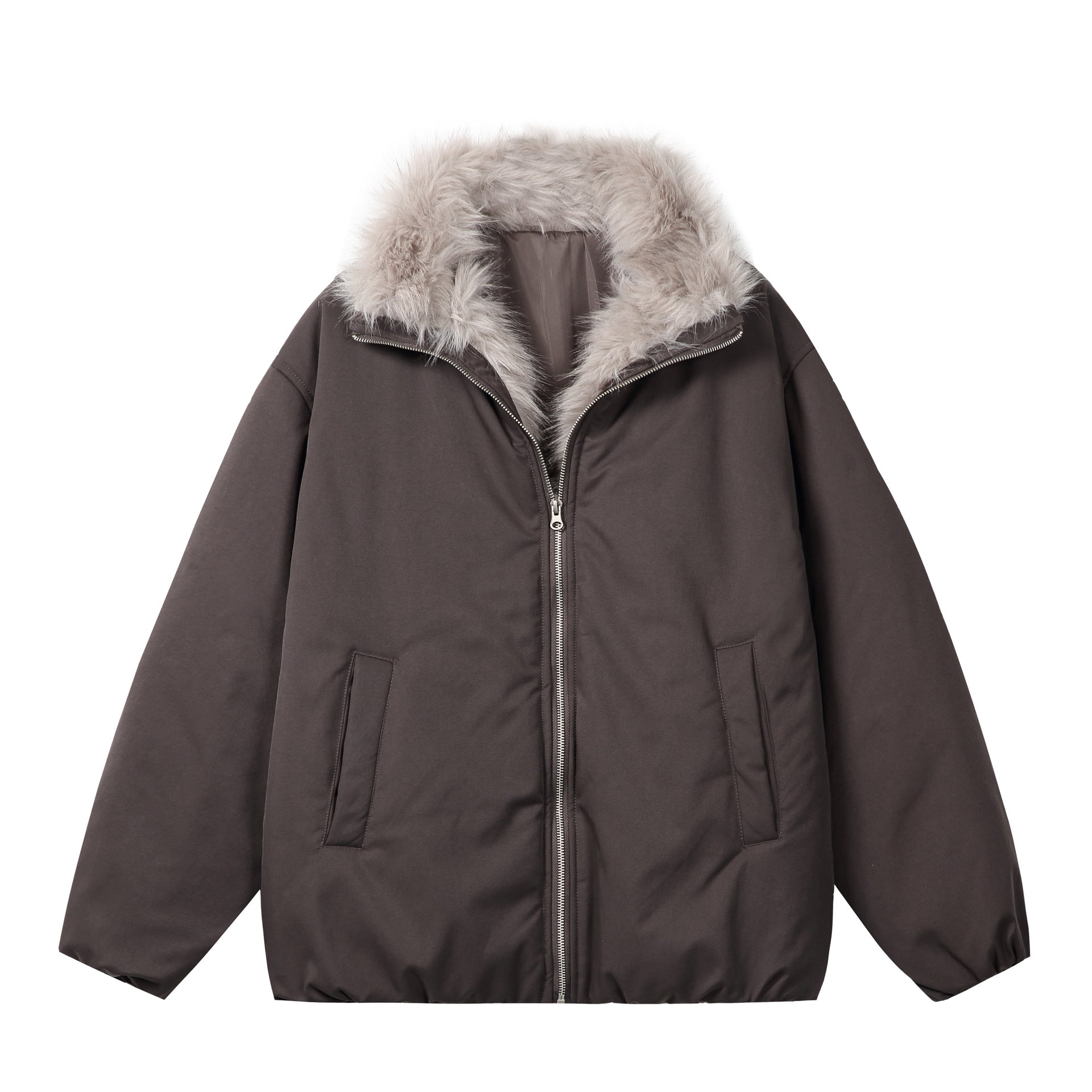 Women's short jacket in boxy cut with voluminous faux fur collar and two-way zipper Chichicherry