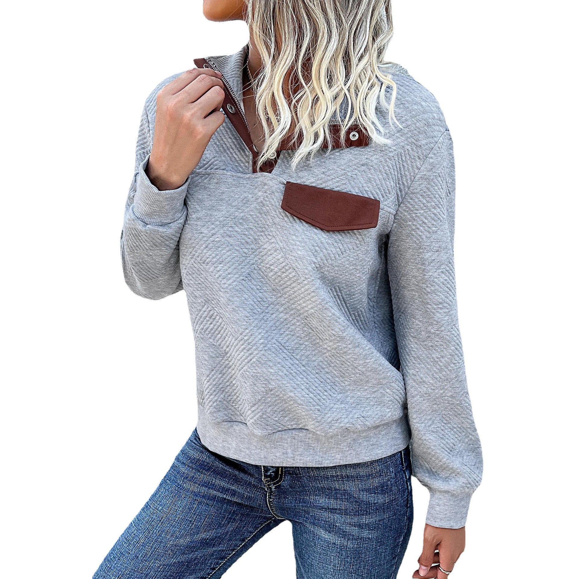 Women's Textured Stand Collar Sweatshirt with Snap Button Placket and Decorative Flap