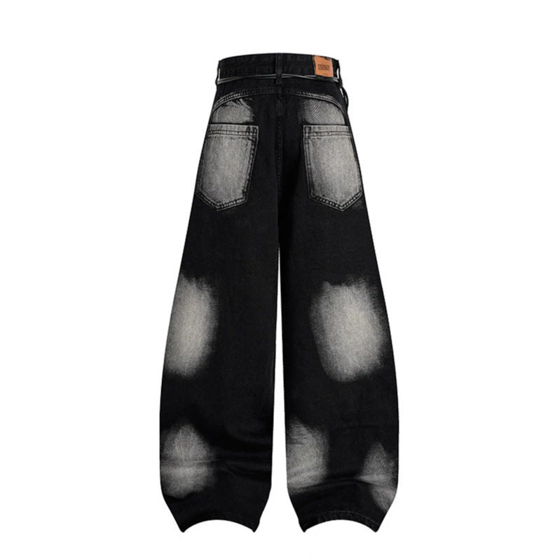 Women's extra wide distressed jeans in baggy cut with tie-dye wash and scarf belt Chichicherry