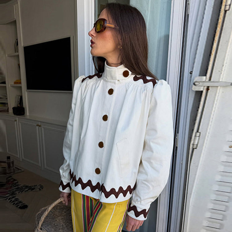 Ladies short jacket with stand-up collar, decorative wave edge and decorative button placket Chichicherry