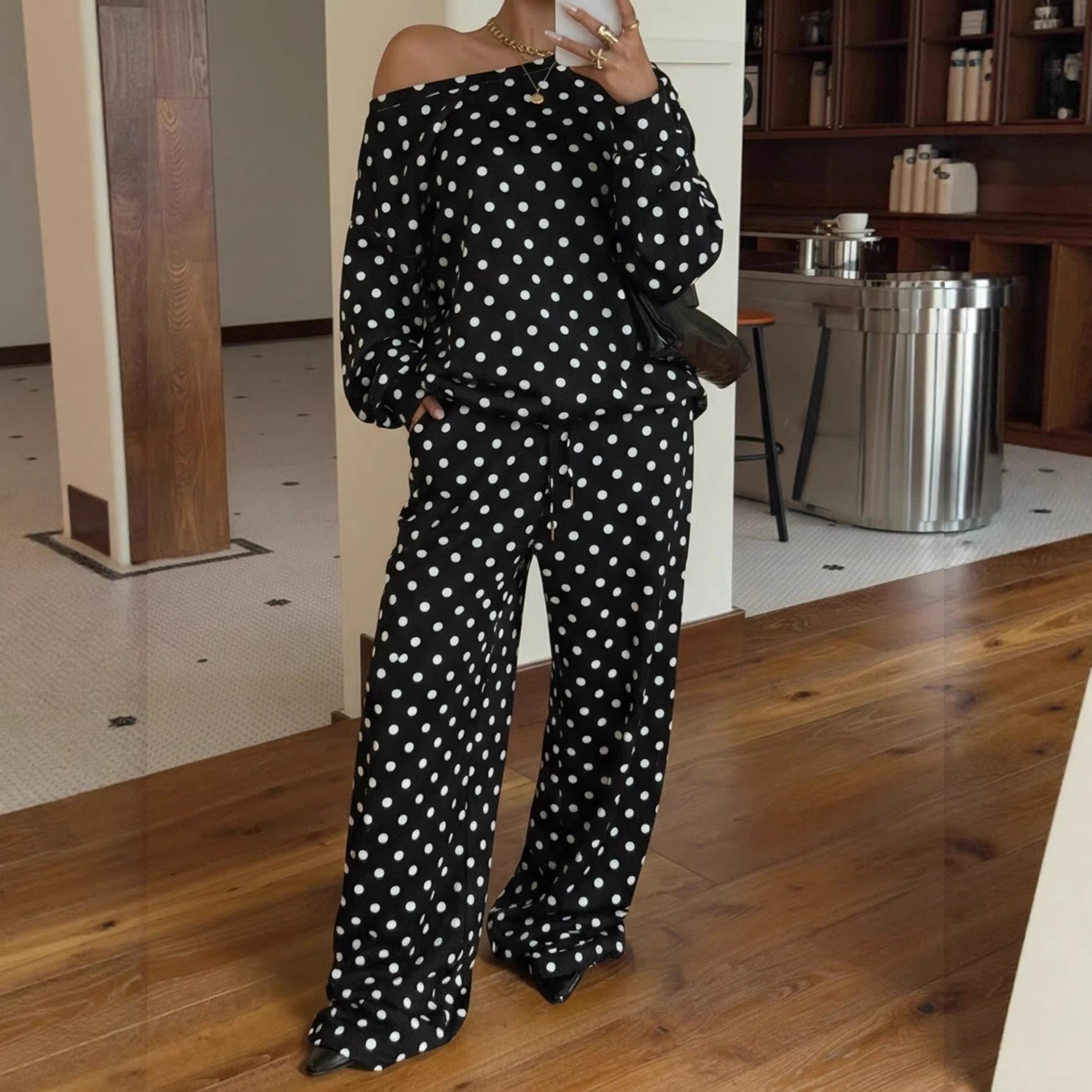 Ladies Polka-Dot Lounge Set with Off-Shoulder Top and Wide Leg Pants Chichicherry