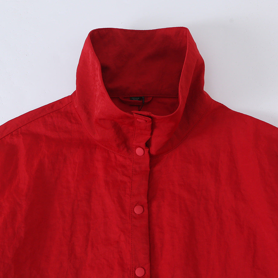 Women's Boxy Transitional Jacket with Stand Collar and Snap Placket Chichicherry