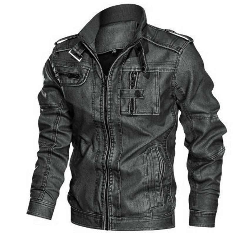 Men's biker jacket made of synthetic leather with stand-up collar, striking decorative seams, and multiple pocket details Chichicherry