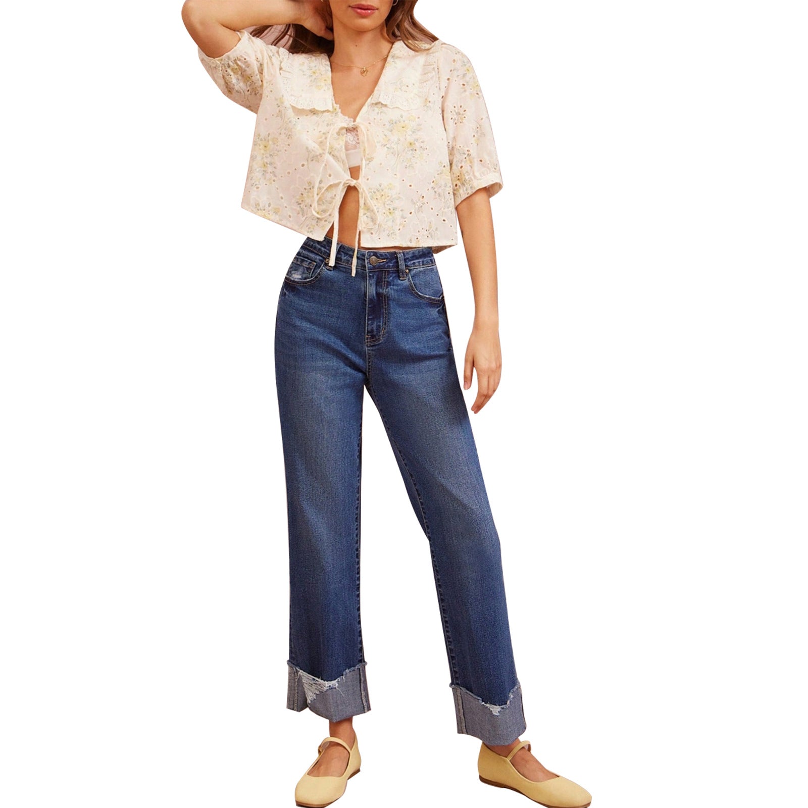 Women's High-Waisted Cropped Jeans with Wide Leg and Frayed Cuff Chichicherry