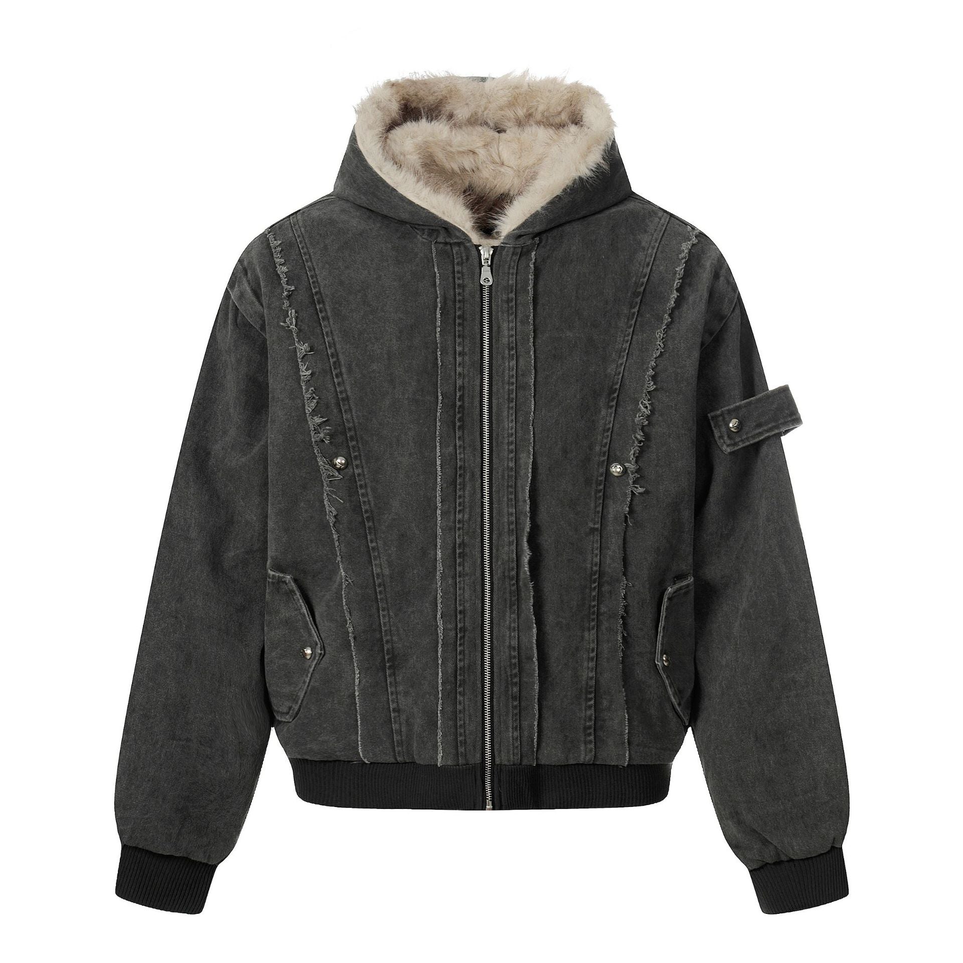 Men's Vintage-Inspired Denim Bomber Jacket with Teddy Fur Hood Chichicherry