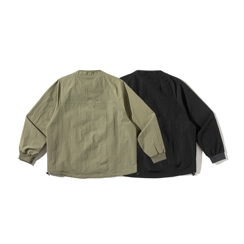 Unisex Lightweight Boxy Field Jacket without Collar with Raglan Sleeves, Patch Flap Pockets and Drawstring Chichicherry