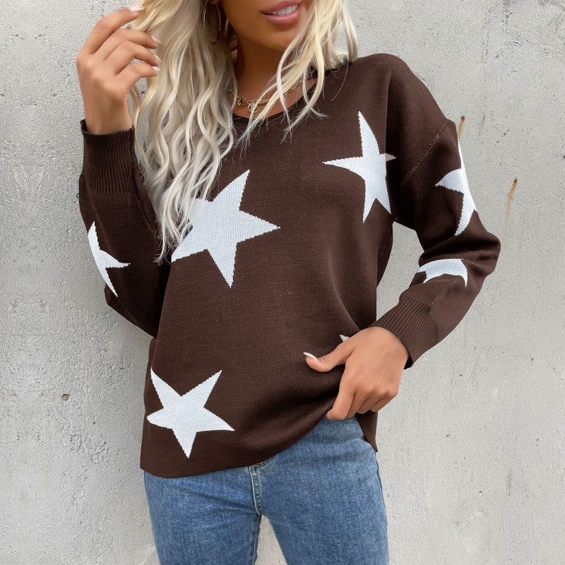 Women Oversize V-Neck Knit Sweater with Large Star Jacquard Pattern