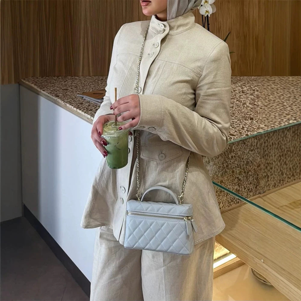 Women Tailored Linen Blazer with Stand Collar and Flouncing Peplum Chichicherry