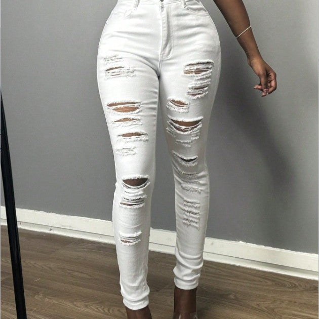 Women's High-Waisted Skinny Jeans with Asymmetrical Destruction Look and Shaping Waistband Chichicherry