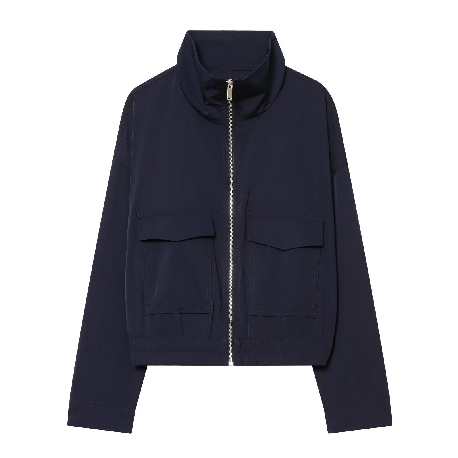 Women's Short Bomber Jacket with Stand-Up Collar, Zipper and Chest Flap Pockets Chichicherry