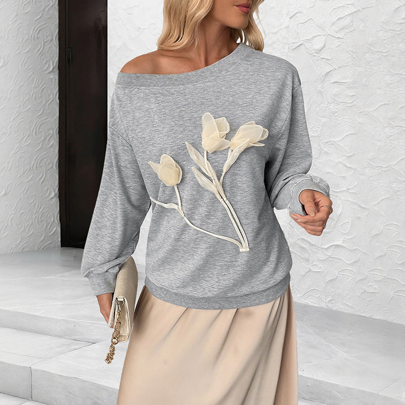 Women's Loose Off-Shoulder Sweatshirt with 3D Flower Appliqué and Dropped Shoulder