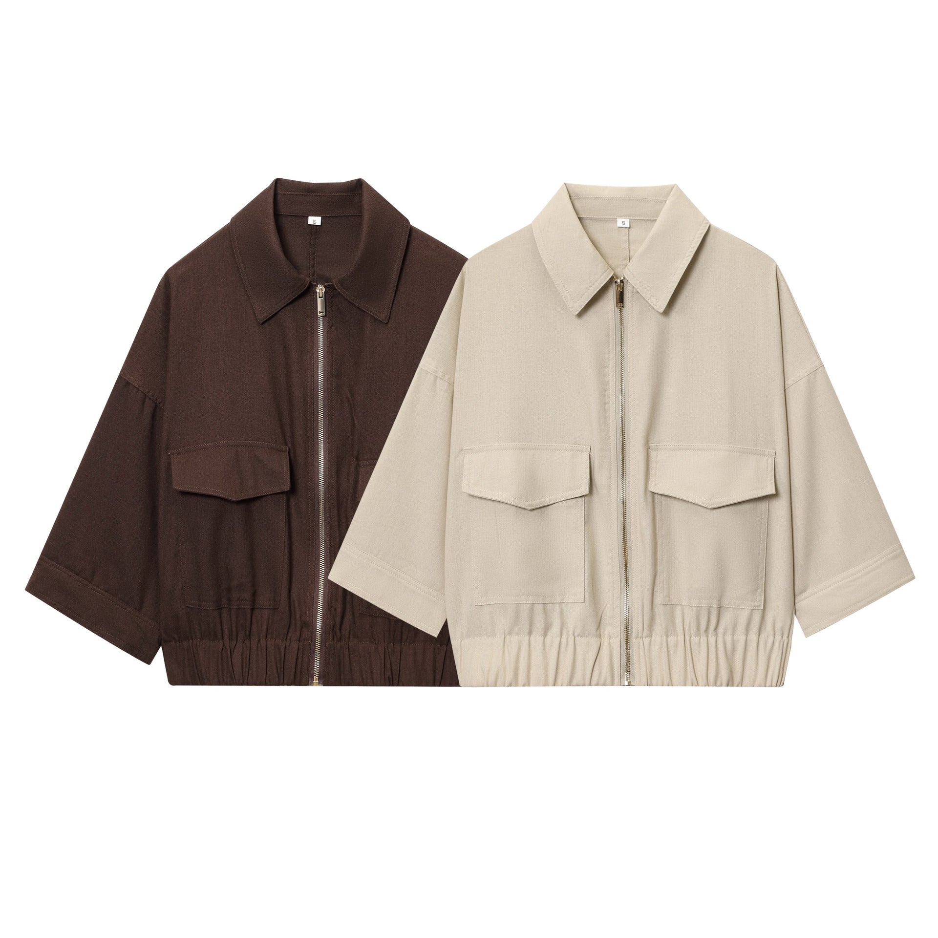 Women's Cropped Oversized Blouson Jacket with Large Flap Pockets, Full-Length Zipper and Elastic Hem Chichicherry