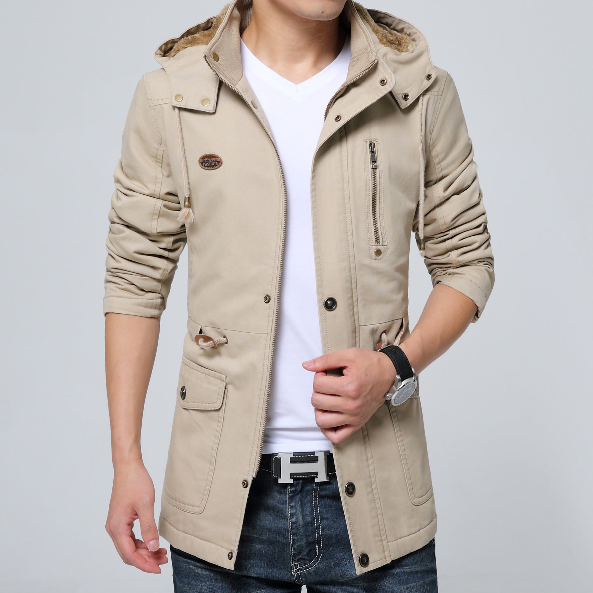 Men's lightweight utility parka with hood, teddy lining in collar and vertical zip pocket Chichicherry