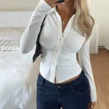 Women Tailored Buttonable Ruffle Top with V-Neck and Figure-Shaping Gather Chichicherry
