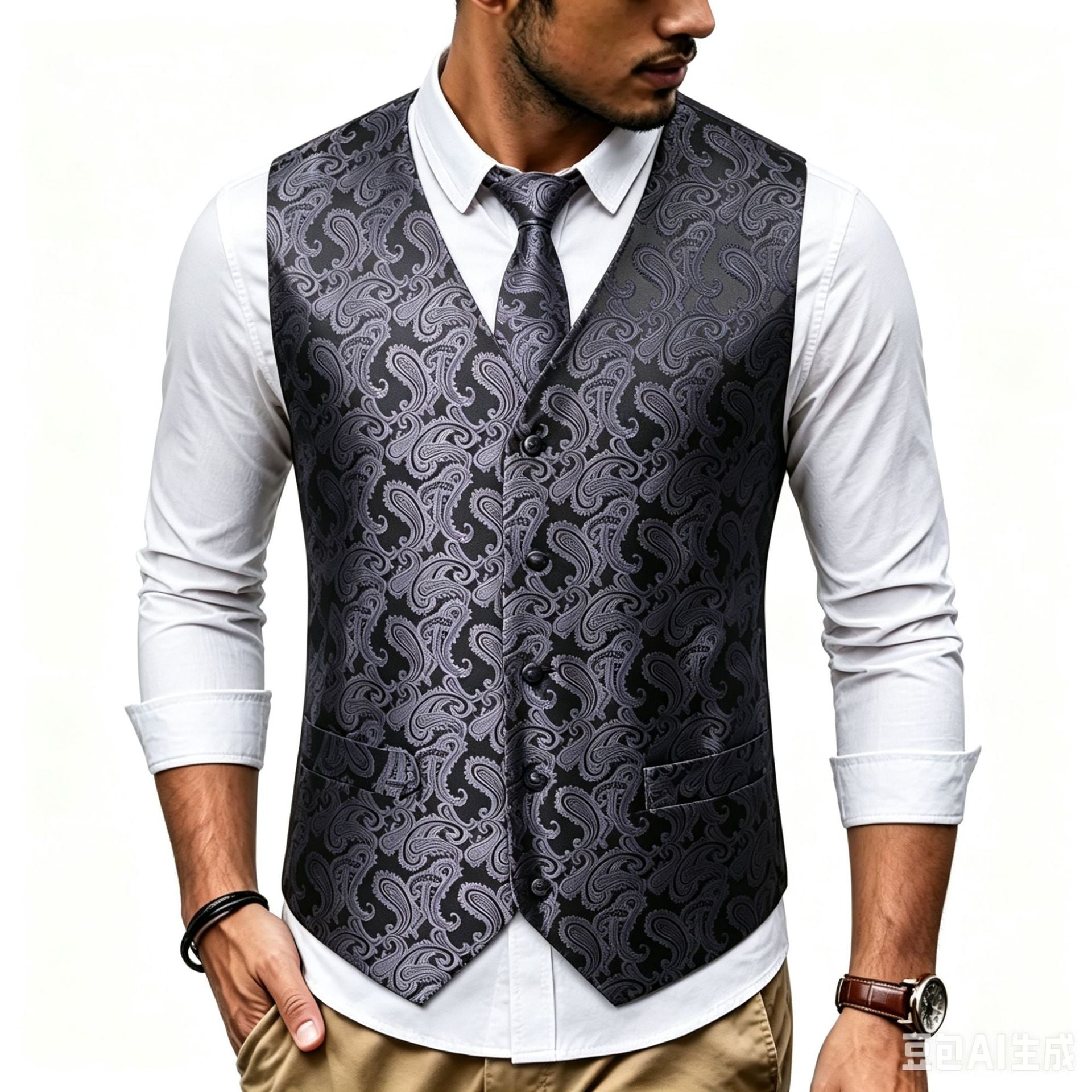 Men's Satin Jacquard Vest with Paisley Pattern and Matching Tie Chichicherry