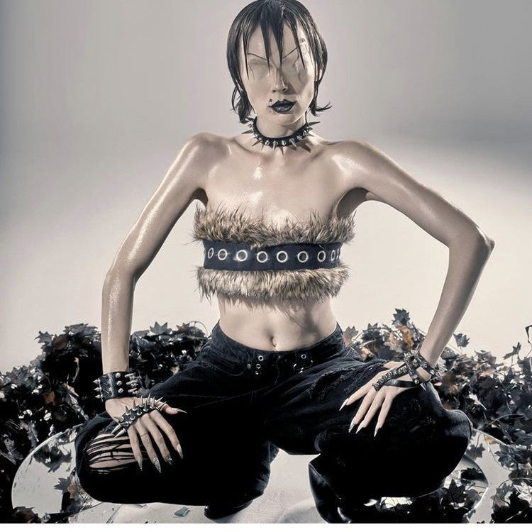 Women Cropped Bandeau Top with Faux Fur Trim, Grommet Leather Strap and Gothic-Punk Details Chichicherry