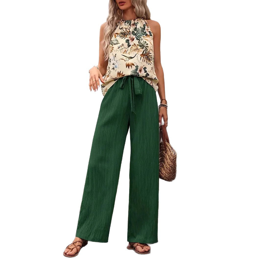 Women wide linen pants with drawstring and pleat look Chichicherry