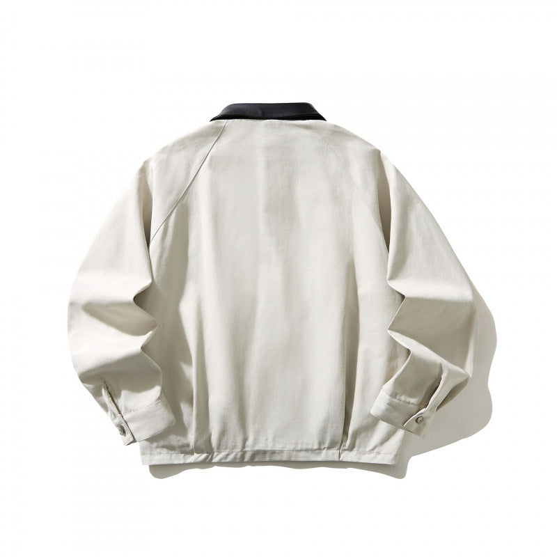 Men's short-cut canvas jacket with imitation leather collar and elastic hem Chichicherry
