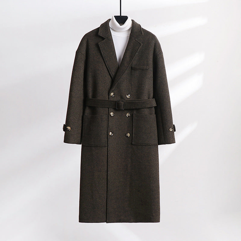 Men's Double-Breasted Wool Blend Long Coat with Notched Lapels and Flap Pockets Chichicherry