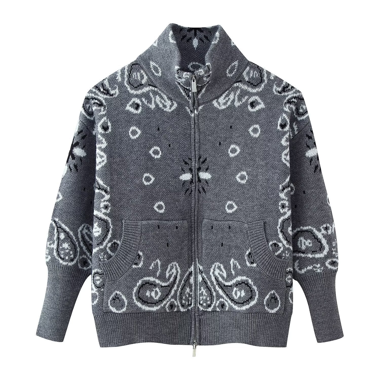 Women's chunky knit zip cardigan with stand-up collar and paisley jacquard Chichicherry