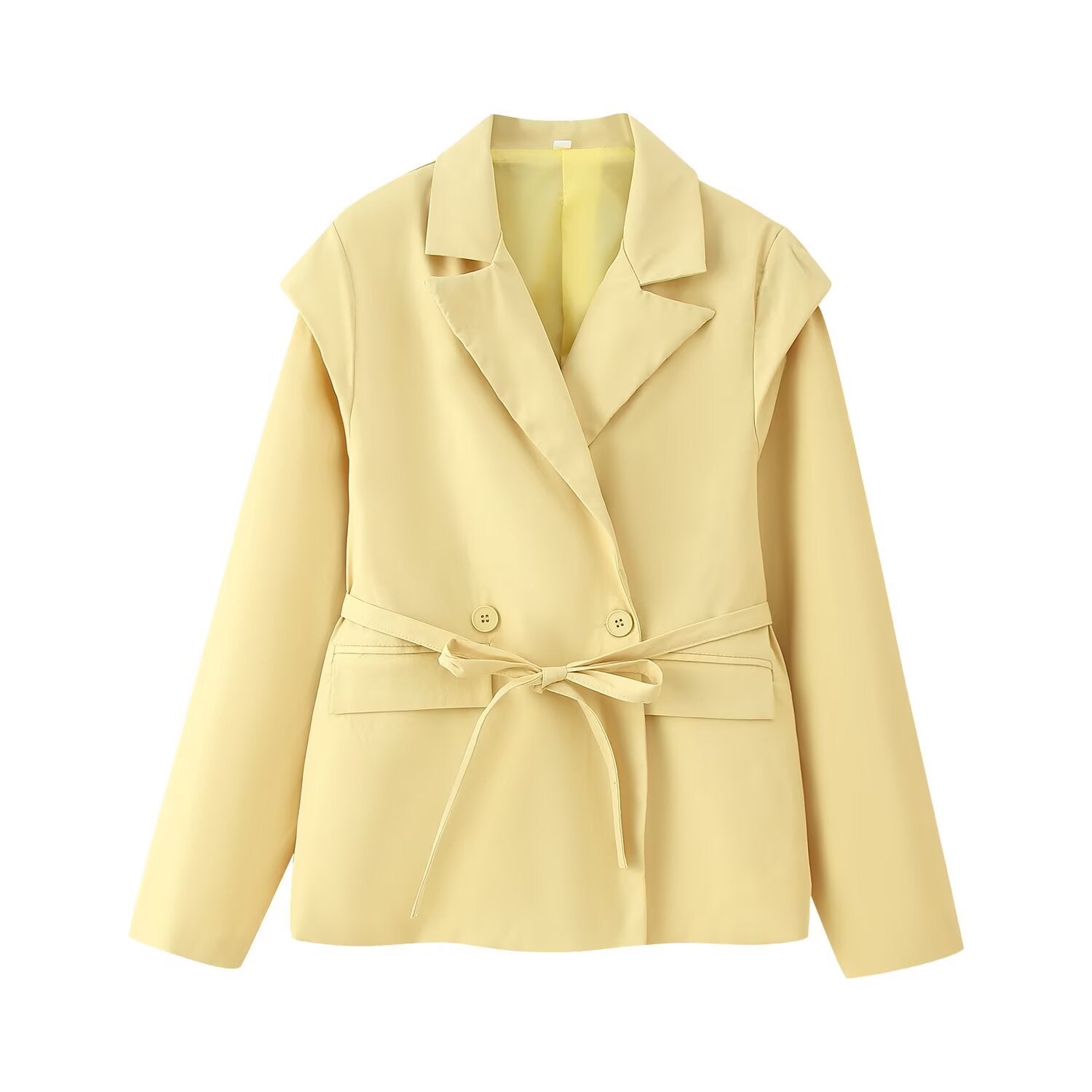 Women Tailored Belted Blazer with Double Button Placket and Notched Lapel Chichicherry