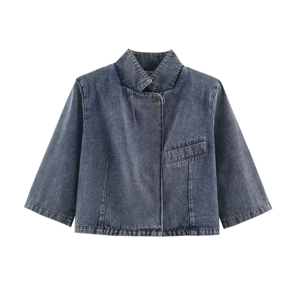 Women's Cropped Jeans Jacket in Boxy Cut with Stand-Up Collar and Three-Quarter Sleeves Chichicherry