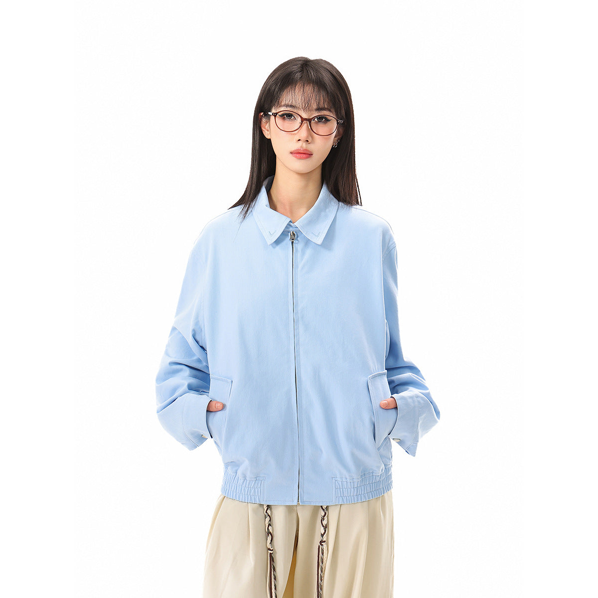 Unisex Light Boxy Blouson Jacket with Shirt Collar and Concealed Zipper Chichicherry